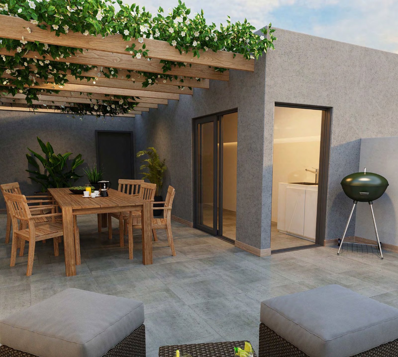 Render de una terraza privada con pérgola y parrilla