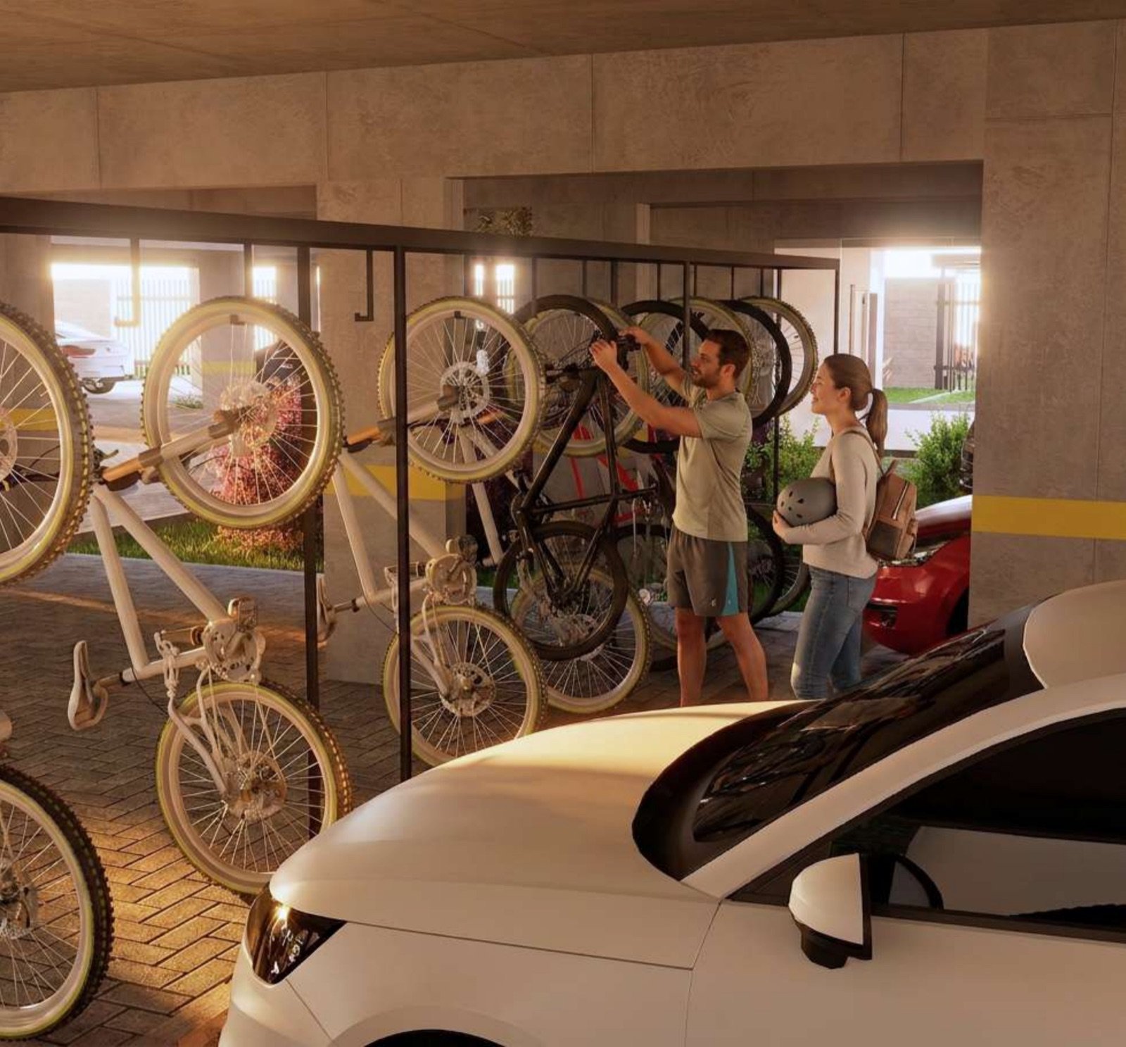 Render del bicicletero y las cocheras con carga para vehículos eléctricos