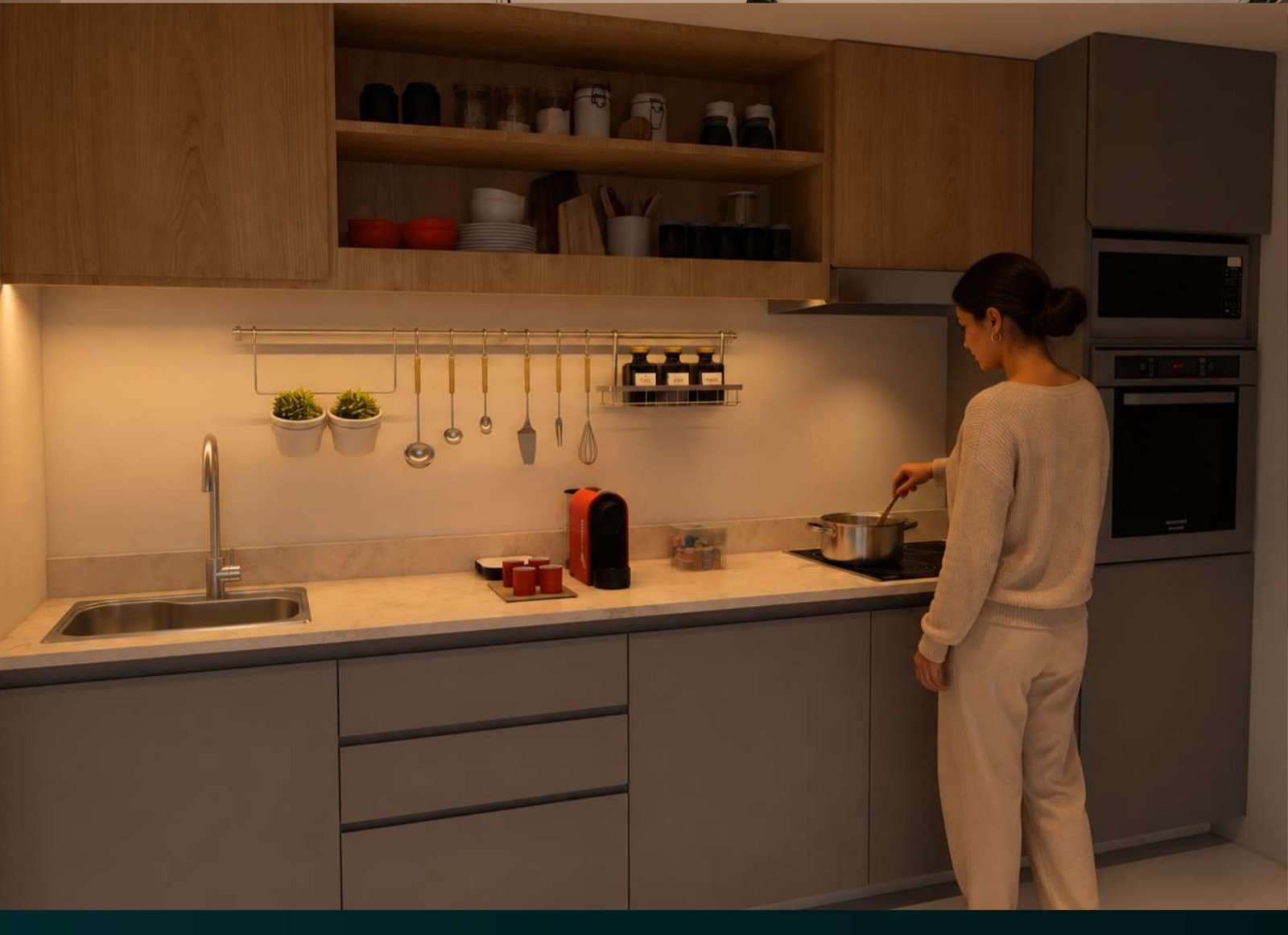 Render de la cocina equipada de una unidad