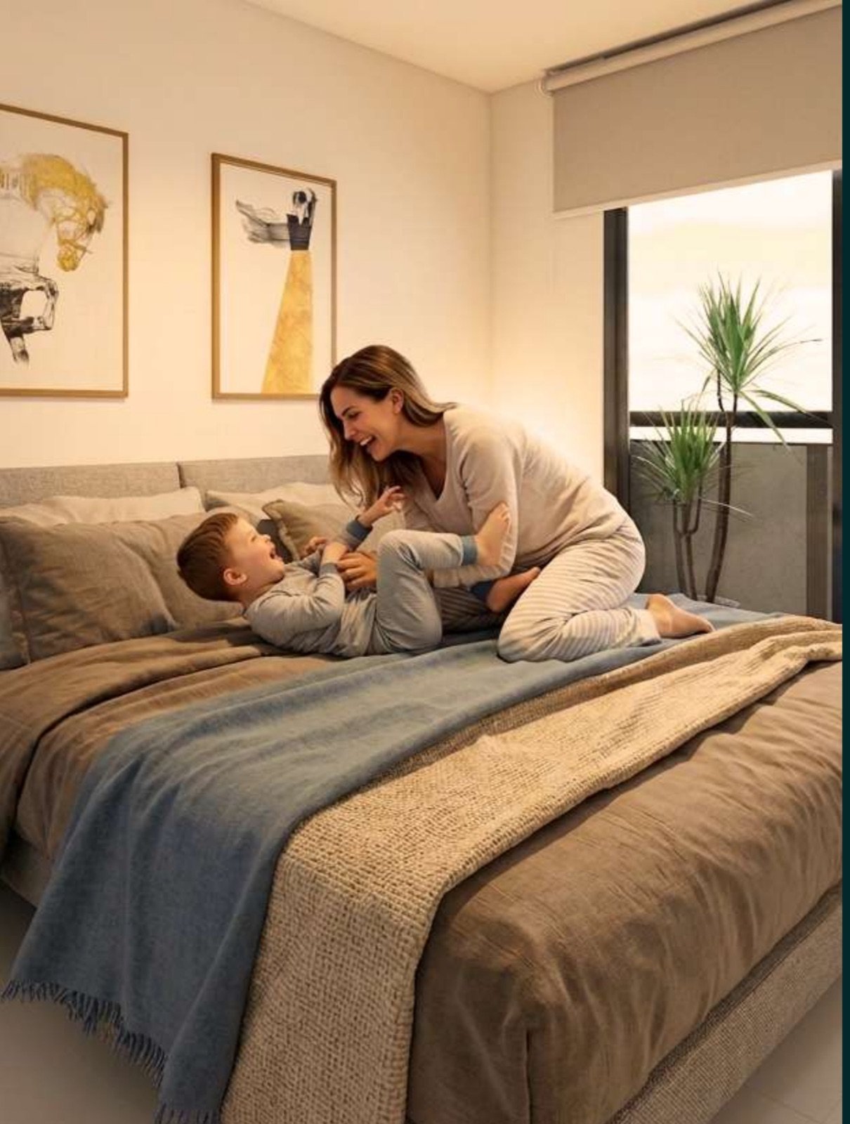 Render de un dormitorio con balcón