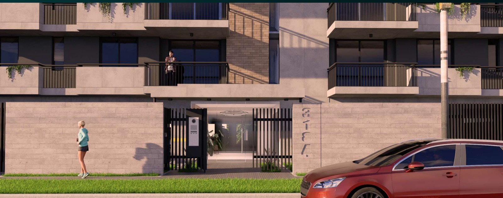 Render del ingreso peatonal y vehicular del edificio