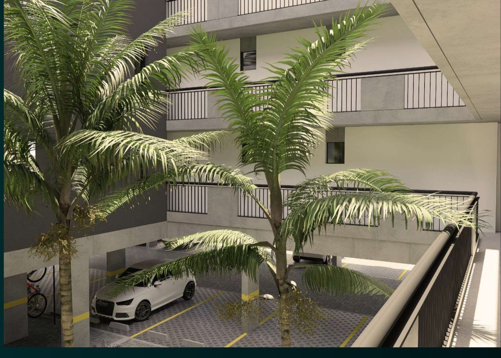 Render del patio interno con palmeras, visto desde una galería de acceso