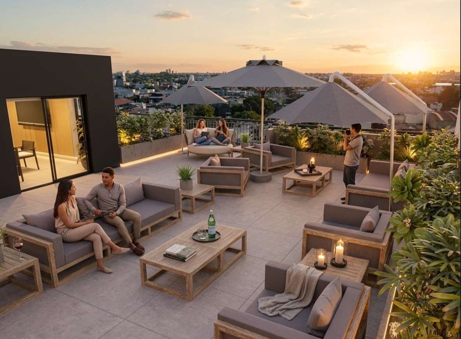 Render del living exterior de la terraza al atardecer