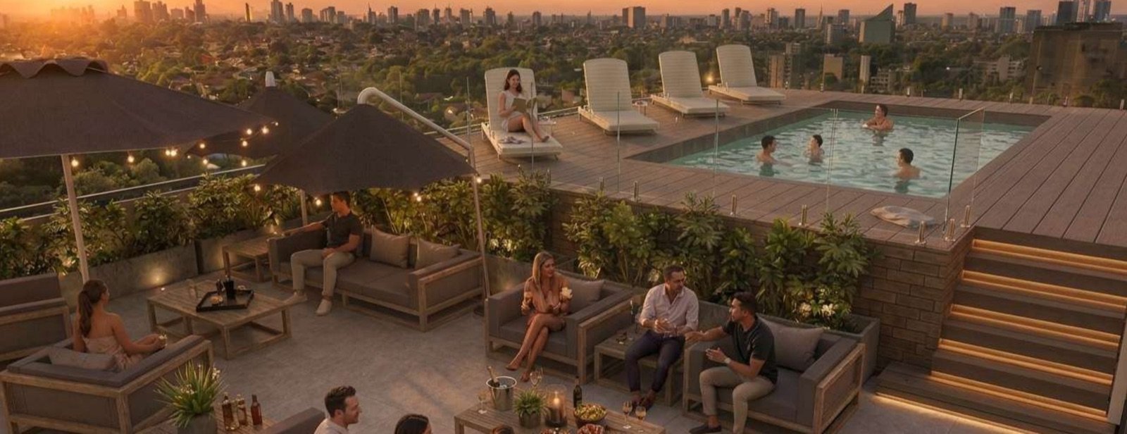 Render aéreo de la pileta y el solárium en la terraza